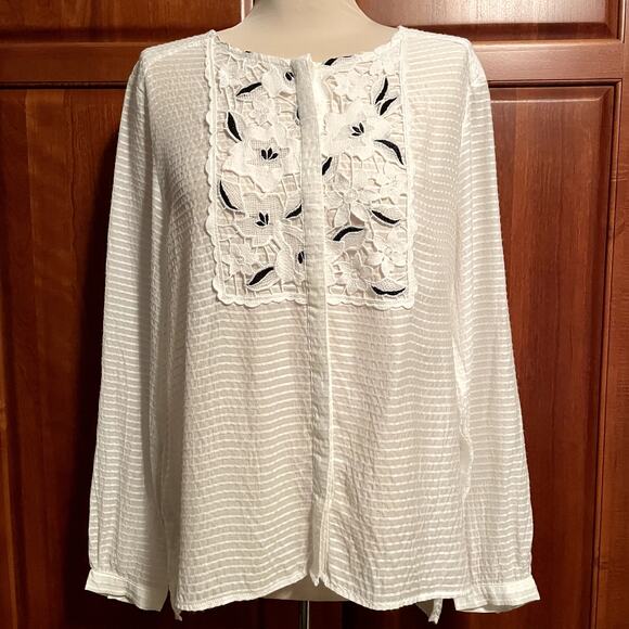 Loft White Embroidered Long Sleeve Blouse Womens Medium - Picture 2 of 9
